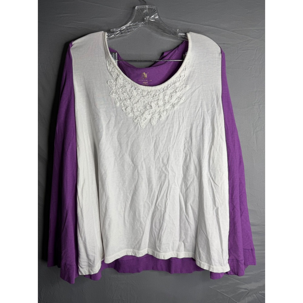 Studio Works Womens 3X Layered Look Top Purple White Lace Crochet Long Sleeve